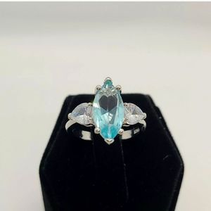 Size 6 Marquise Cut Aquamarine CZ With 2 heart-shaped CZ Accent Stones S925